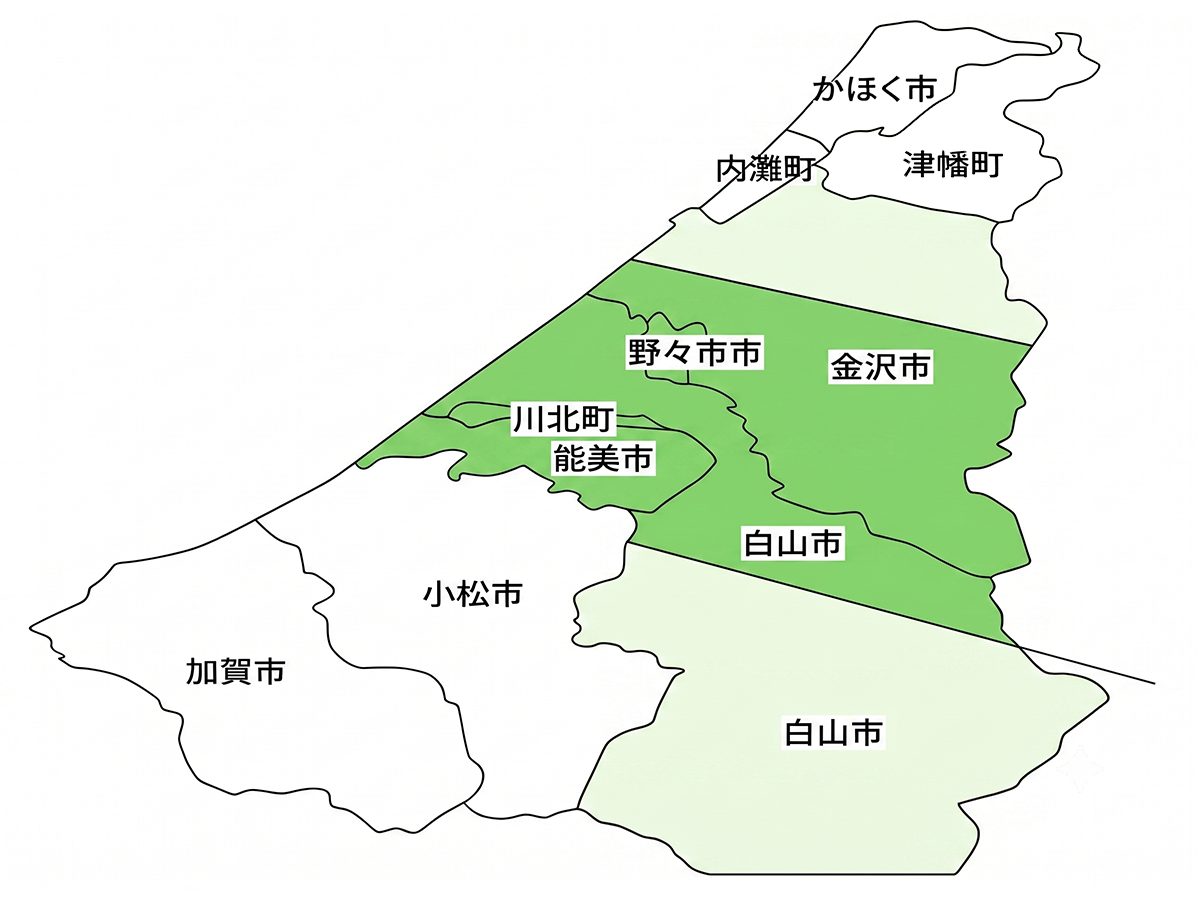 対応エリアの地図(金沢市犀川以南・野々市市・白山市鶴来町まで・川北町)